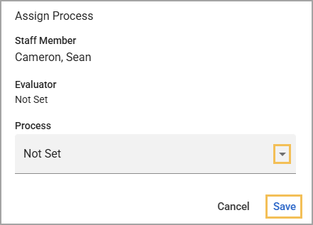 Assign process interface showing staff member and process selection options.